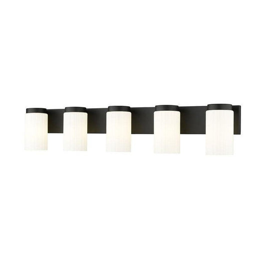 Z-Lite Burk 38" 5-Light Matte Black Steel Vanity Light With Gloss Opal Glass Shade