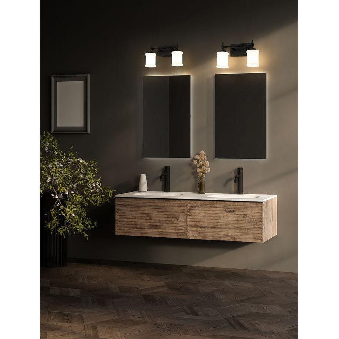 Z-Lite Cadoc 15" 2-Light Matte Black Steel Vanity Light With Gloss Opal Glass Shade