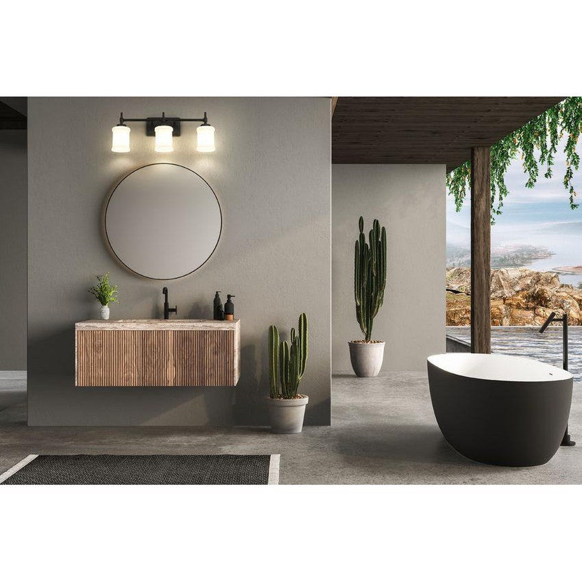 Z-Lite Cadoc 24" 3-Light Matte Black Steel Vanity Light With Gloss Opal Glass Shade