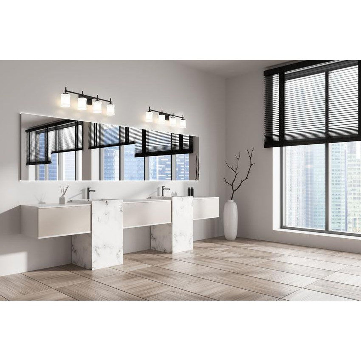 Z-Lite Cadoc 32" 4-Light Matte Black Steel Vanity Light With Gloss Opal Glass Shade