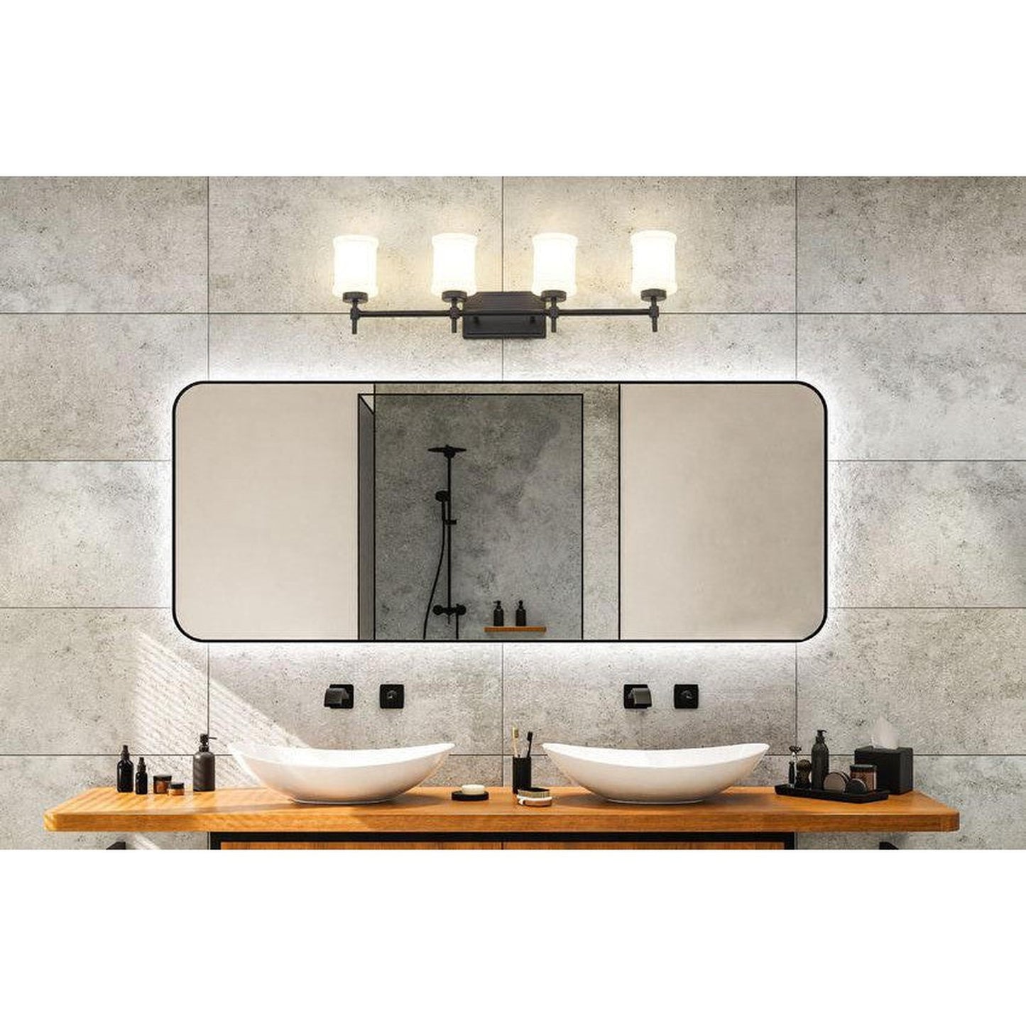 Z-Lite Cadoc 32" 4-Light Matte Black Steel Vanity Light With Gloss Opal Glass Shade