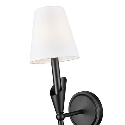 Z-Lite Claudelle 1-Light Candelabra Bulb Base Matte Black Steel Frame White Fabric Shade Wall Sconce