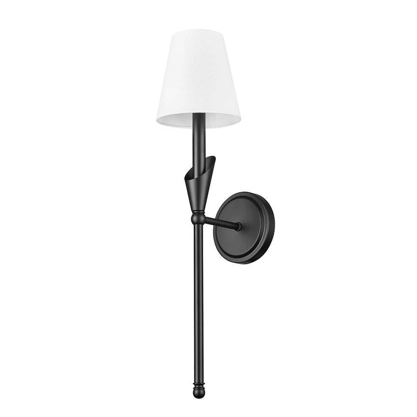 Z-Lite Claudelle 1-Light Candelabra Bulb Base Matte Black Steel Frame White Fabric Shade Wall Sconce
