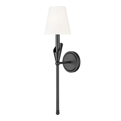 Z-Lite Claudelle 1-Light Candelabra Bulb Base Matte Black Steel Frame White Fabric Shade Wall Sconce