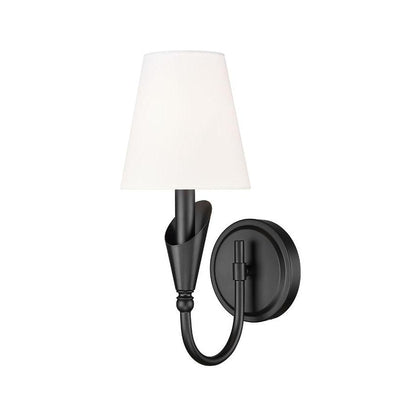 Z-Lite Claudelle 1-Light Candelabra Bulb Base Matte Black Steel Frame White Fabric Shade Wall Sconce