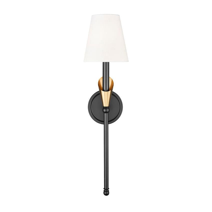 Z-Lite Claudelle 1-Light Candelabra Bulb Base Matte Black and Modern Gold Steel Frame White Fabric Shade Wall Sconce