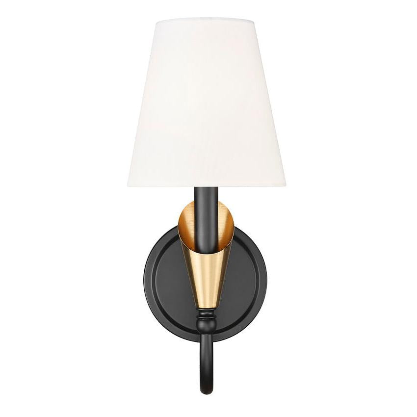 Z-Lite Claudelle 1-Light Candelabra Bulb Base Matte Black and Modern Gold Steel Frame White Fabric Shade Wall Sconce