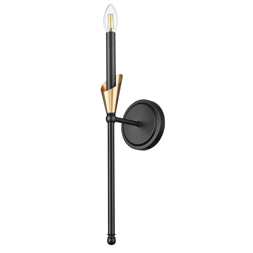 Z-Lite Claudelle 1-Light Candelabra Bulb Base Matte Black and Modern Gold Steel Frame White Fabric Shade Wall Sconce