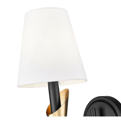 Z-Lite Claudelle 1-Light Candelabra Bulb Base Matte Black and Modern Gold Steel Frame White Fabric Shade Wall Sconce