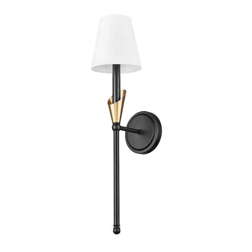 Z-Lite Claudelle 1-Light Candelabra Bulb Base Matte Black and Modern Gold Steel Frame White Fabric Shade Wall Sconce