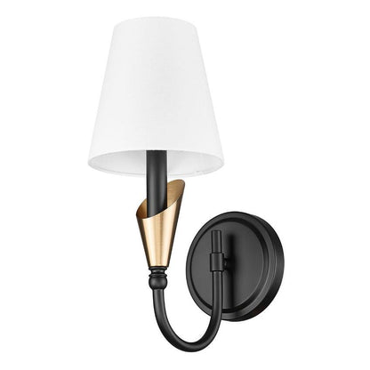 Z-Lite Claudelle 1-Light Candelabra Bulb Base Matte Black and Modern Gold Steel Frame White Fabric Shade Wall Sconce