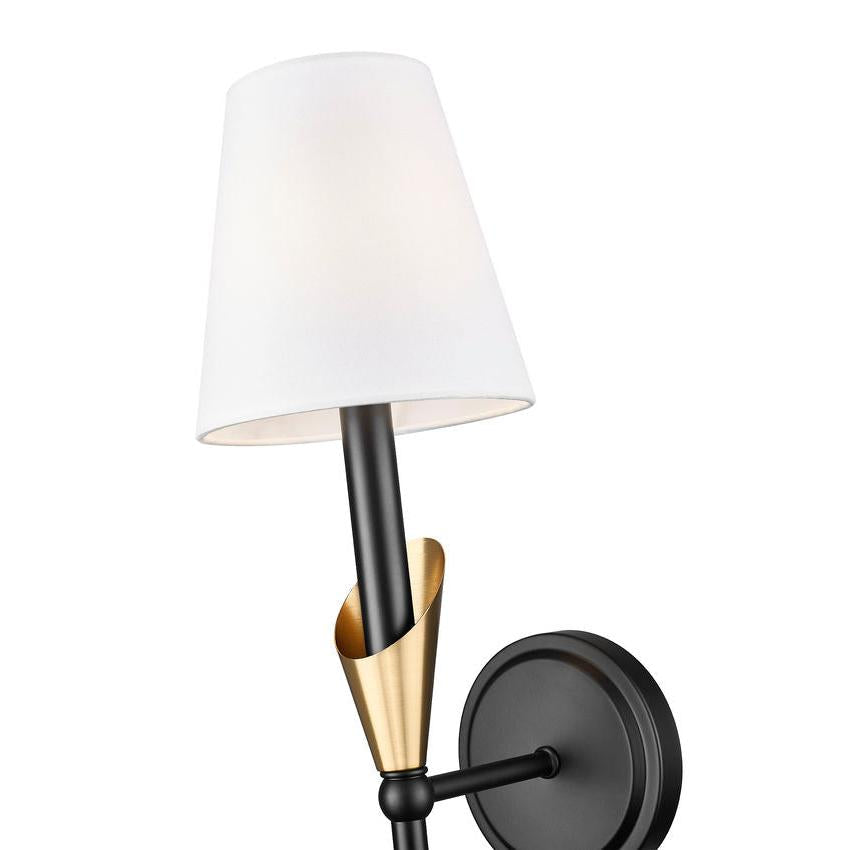 Z-Lite Claudelle 1-Light Candelabra Bulb Base Matte Black and Modern Gold Steel Frame White Fabric Shade Wall Sconce