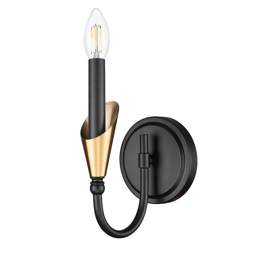 Z-Lite Claudelle 1-Light Candelabra Bulb Base Matte Black and Modern Gold Steel Frame White Fabric Shade Wall Sconce