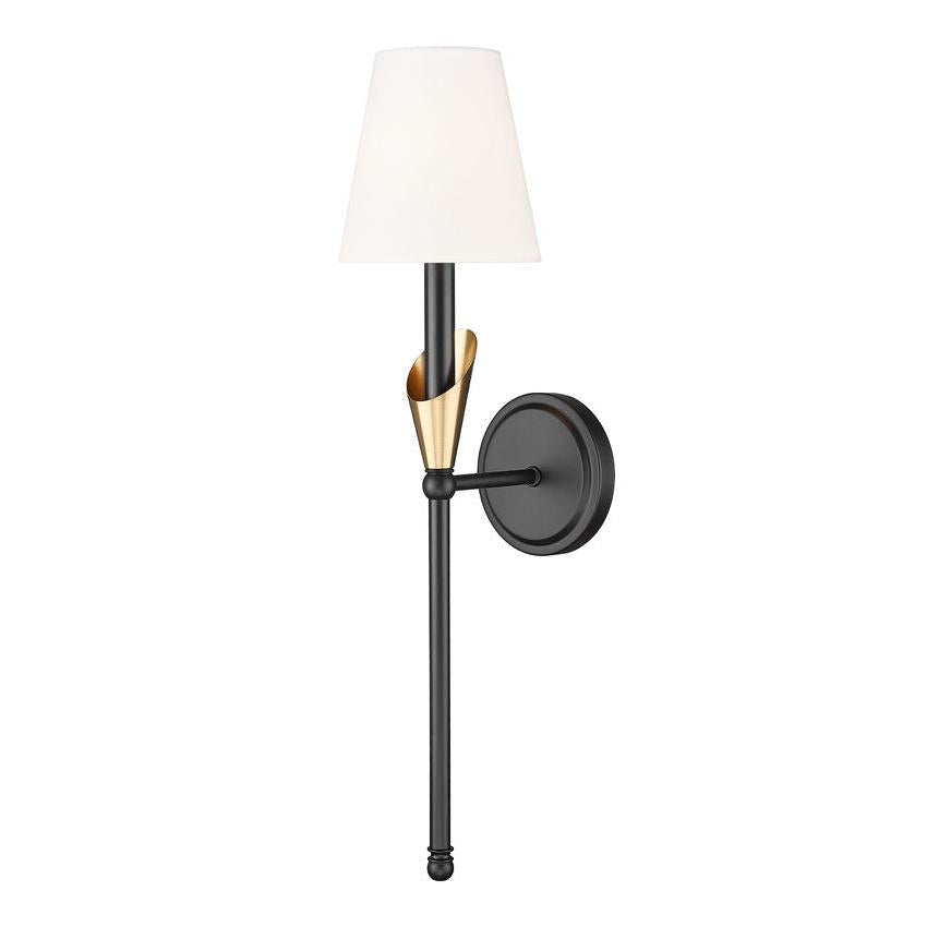 Z-Lite Claudelle 1-Light Candelabra Bulb Base Matte Black and Modern Gold Steel Frame White Fabric Shade Wall Sconce