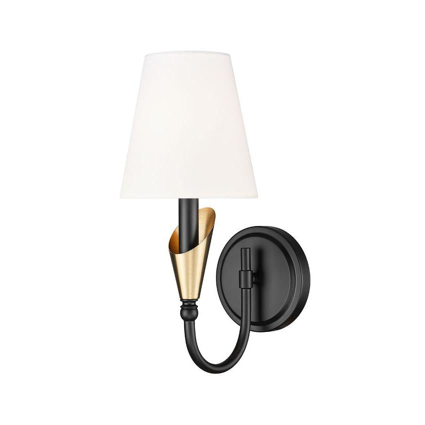 Z-Lite Claudelle 1-Light Candelabra Bulb Base Matte Black and Modern Gold Steel Frame White Fabric Shade Wall Sconce