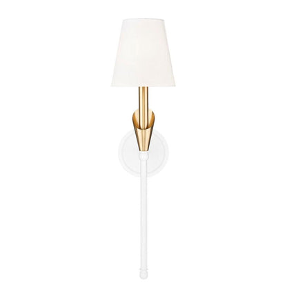 Z-Lite Claudelle 1-Light Candelabra Bulb Base Textured White and Modern Gold Steel Frame White Fabric Shade Wall Sconce