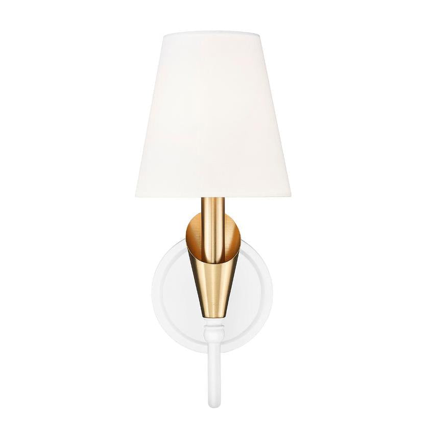 Z-Lite Claudelle 1-Light Candelabra Bulb Base Textured White and Modern Gold Steel Frame White Fabric Shade Wall Sconce