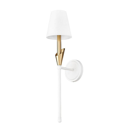 Z-Lite Claudelle 1-Light Candelabra Bulb Base Textured White and Modern Gold Steel Frame White Fabric Shade Wall Sconce
