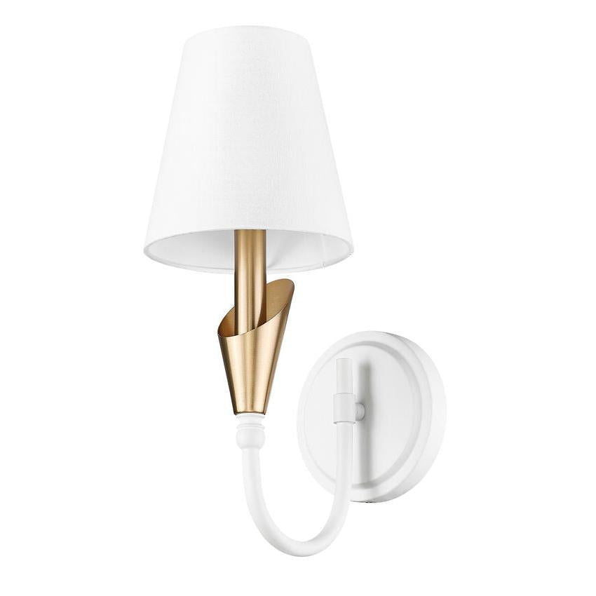 Z-Lite Claudelle 1-Light Candelabra Bulb Base Textured White and Modern Gold Steel Frame White Fabric Shade Wall Sconce