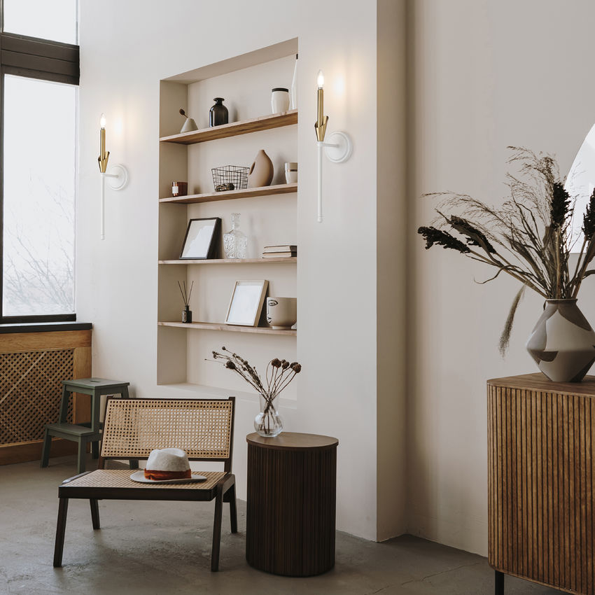 Z-Lite Claudelle 1-Light Candelabra Bulb Base Textured White and Modern Gold Steel Frame White Fabric Shade Wall Sconce