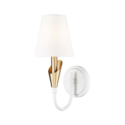 Z-Lite Claudelle 1-Light Candelabra Bulb Base Textured White and Modern Gold Steel Frame White Fabric Shade Wall Sconce