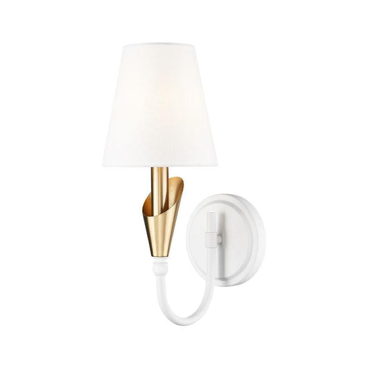Z-Lite Claudelle 1-Light Candelabra Bulb Base Textured White and Modern Gold Steel Frame White Fabric Shade Wall Sconce