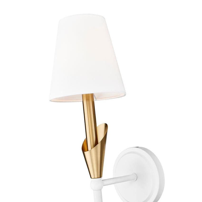 Z-Lite Claudelle 1-Light Candelabra Bulb Base Tundra White and Modern Gold Steel Frame White Fabric Shade Wall Sconce