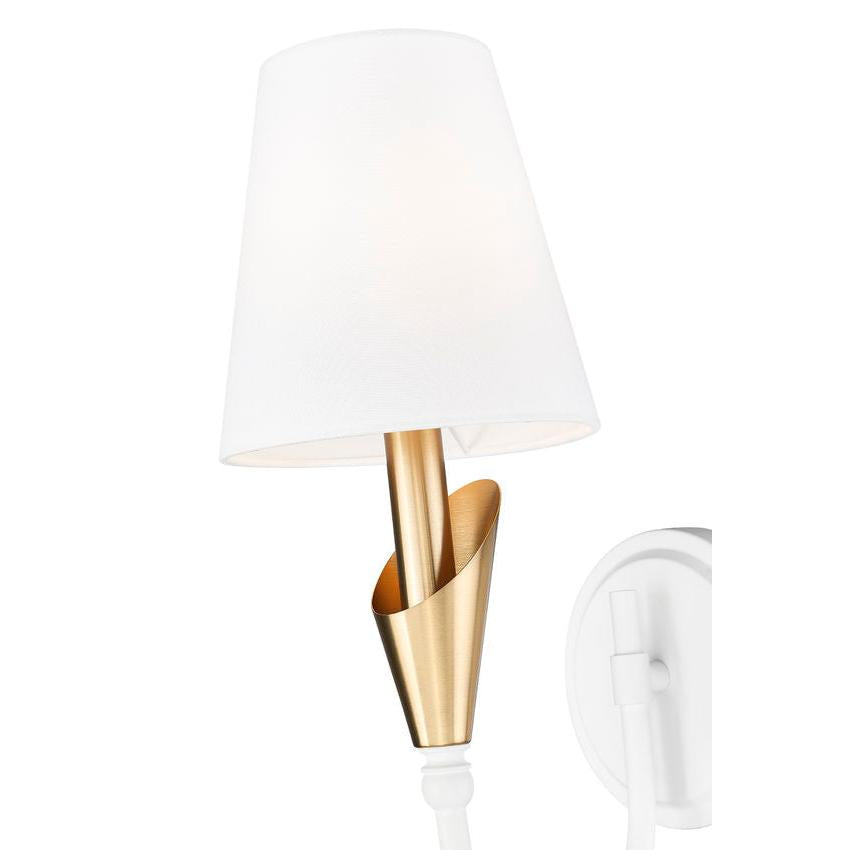 Z-Lite Claudelle 1-Light Candelabra Bulb Base Tundra White and Modern Gold Steel Frame White Fabric Shade Wall Sconce
