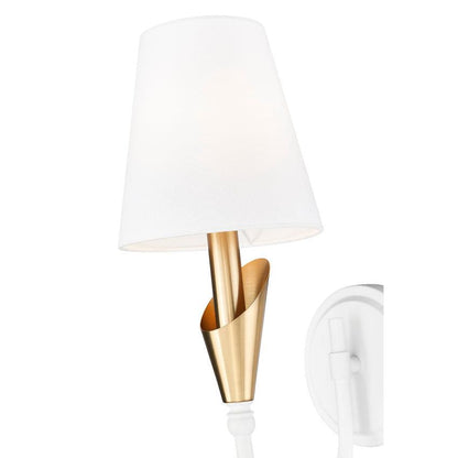 Z-Lite Claudelle 1-Light Candelabra Bulb Base Tundra White and Modern Gold Steel Frame White Fabric Shade Wall Sconce