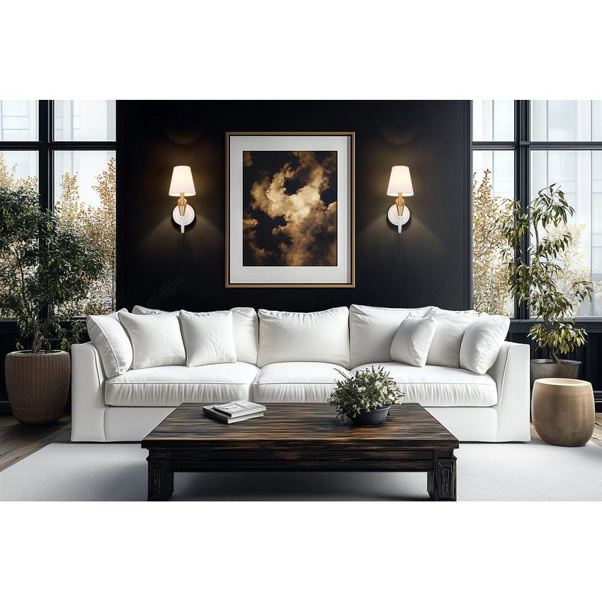 Z-Lite Claudelle 1-Light Candelabra Bulb Base Tundra White and Modern Gold Steel Frame White Fabric Shade Wall Sconce