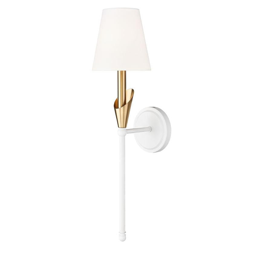 Z-Lite Claudelle 1-Light Candelabra Bulb Base Tundra White and Modern Gold Steel Frame White Fabric Shade Wall Sconce