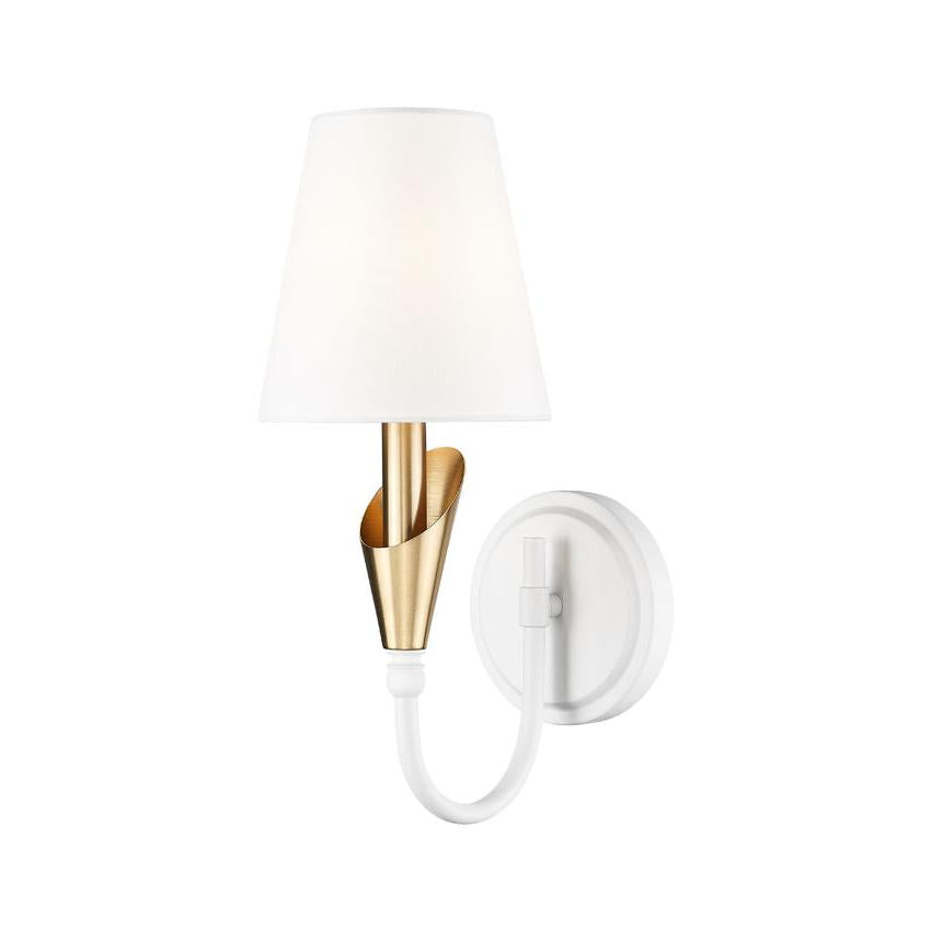 Z-Lite Claudelle 1-Light Candelabra Bulb Base Tundra White and Modern Gold Steel Frame White Fabric Shade Wall Sconce