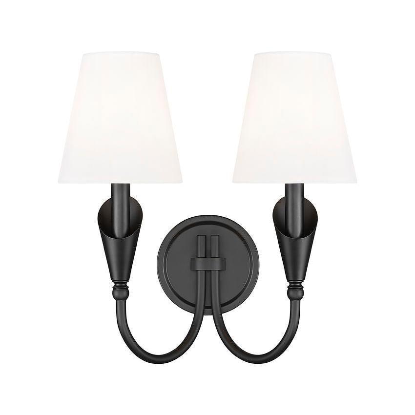 Z-Lite Claudelle 2-Light Candelabra Bulb Base Matte Black Steel Frame White Fabric Shade Wall Sconce