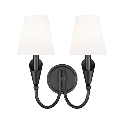 Z-Lite Claudelle 2-Light Candelabra Bulb Base Matte Black Steel Frame White Fabric Shade Wall Sconce
