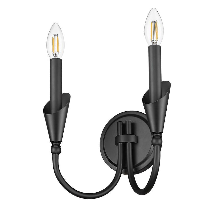 Z-Lite Claudelle 2-Light Candelabra Bulb Base Matte Black Steel Frame White Fabric Shade Wall Sconce