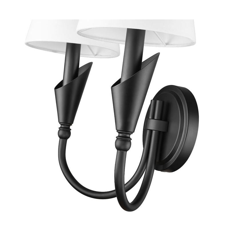 Z-Lite Claudelle 2-Light Candelabra Bulb Base Matte Black Steel Frame White Fabric Shade Wall Sconce