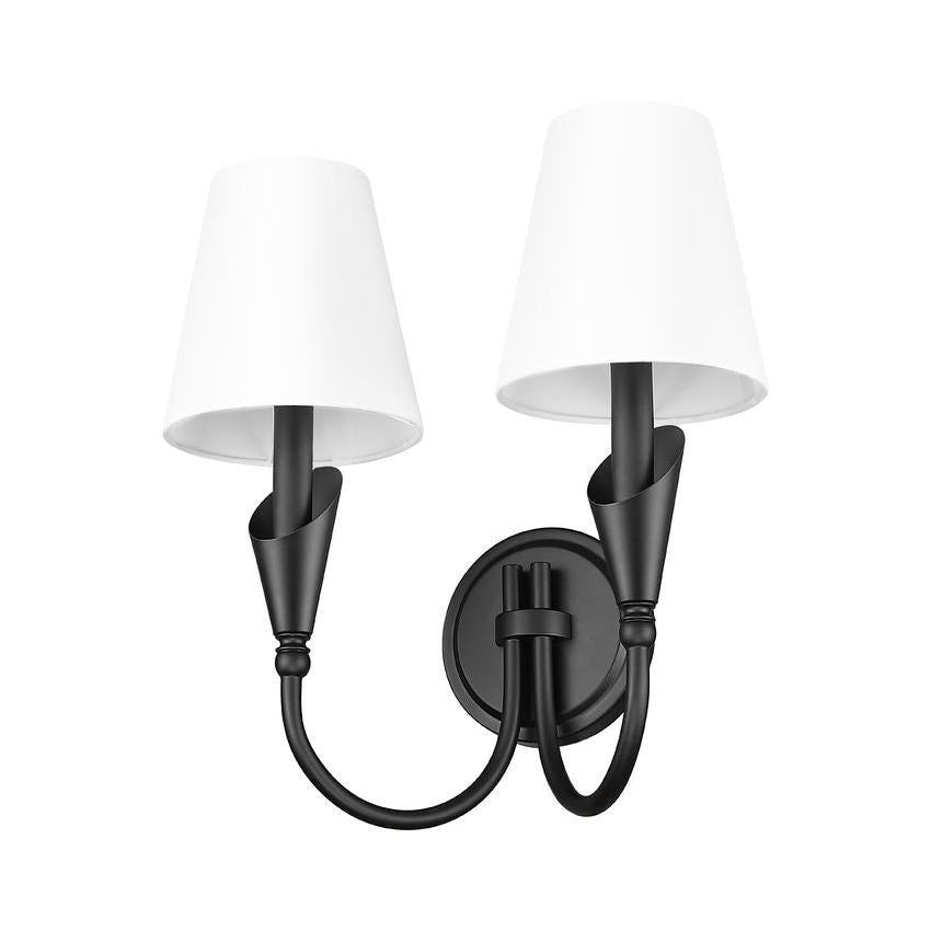 Z-Lite Claudelle 2-Light Candelabra Bulb Base Matte Black Steel Frame White Fabric Shade Wall Sconce