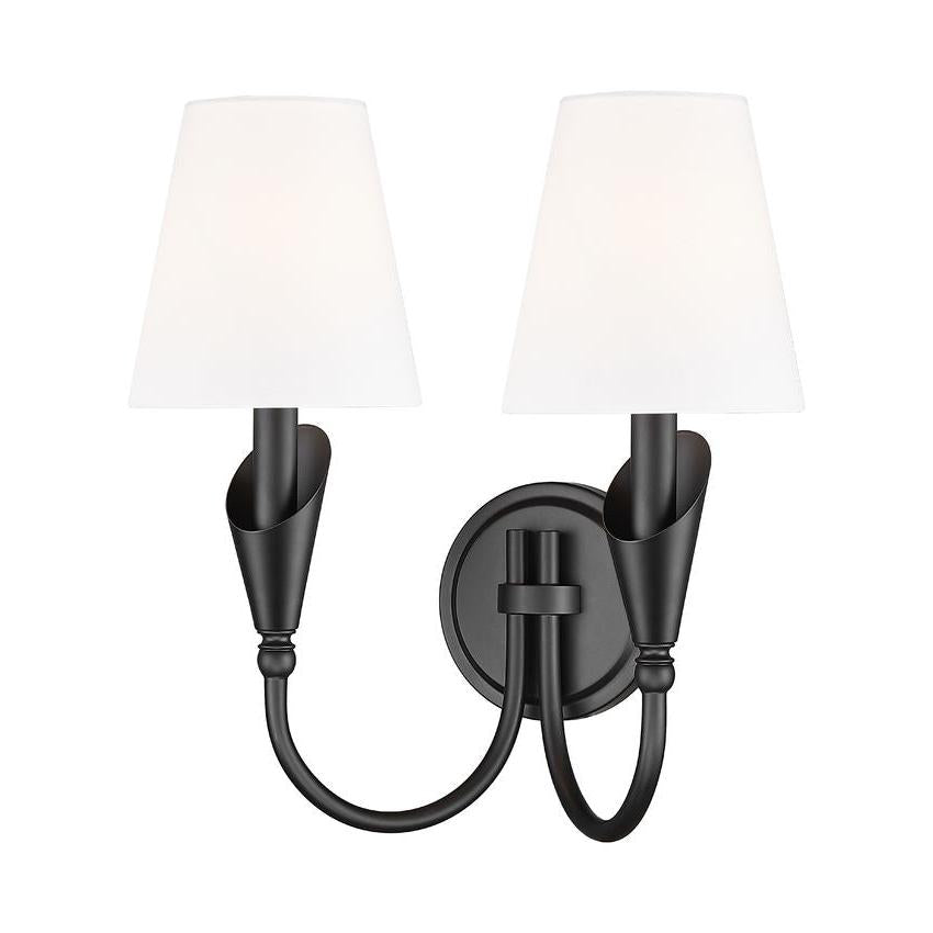 Z-Lite Claudelle 2-Light Candelabra Bulb Base Matte Black Steel Frame White Fabric Shade Wall Sconce