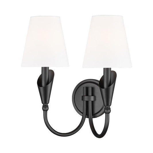 Z-Lite Claudelle 2-Light Candelabra Bulb Base Matte Black Steel Frame White Fabric Shade Wall Sconce