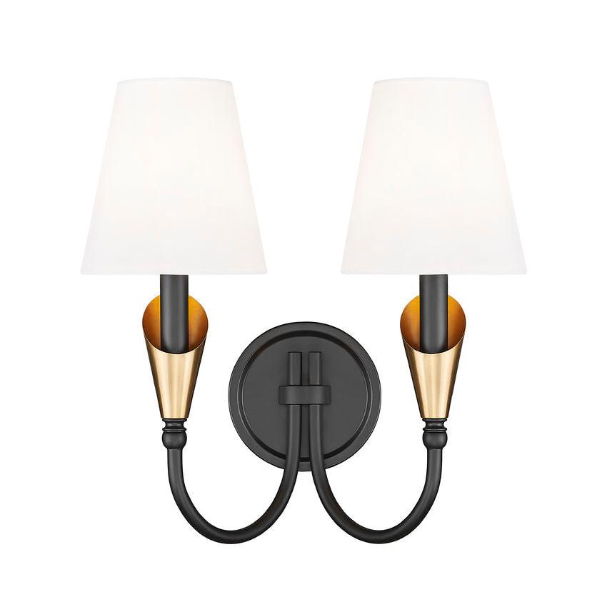 Z-Lite Claudelle 2-Light Candelabra Bulb Base Matte Black and Modern Gold Steel Frame White Fabric Shade Wall Sconce
