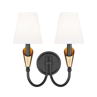 Z-Lite Claudelle 2-Light Candelabra Bulb Base Matte Black and Modern Gold Steel Frame White Fabric Shade Wall Sconce