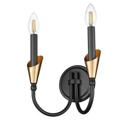 Z-Lite Claudelle 2-Light Candelabra Bulb Base Matte Black and Modern Gold Steel Frame White Fabric Shade Wall Sconce