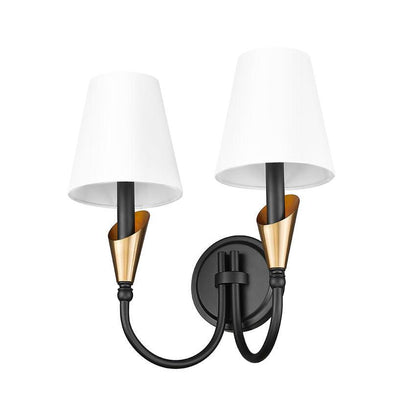 Z-Lite Claudelle 2-Light Candelabra Bulb Base Matte Black and Modern Gold Steel Frame White Fabric Shade Wall Sconce