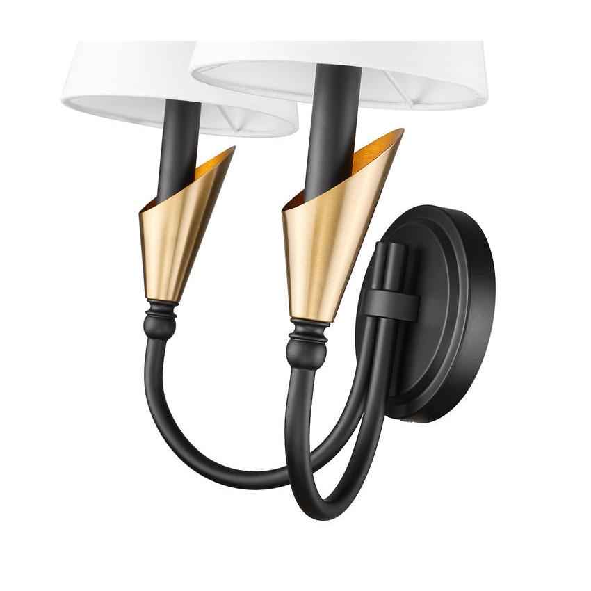 Z-Lite Claudelle 2-Light Candelabra Bulb Base Matte Black and Modern Gold Steel Frame White Fabric Shade Wall Sconce