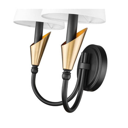 Z-Lite Claudelle 2-Light Candelabra Bulb Base Matte Black and Modern Gold Steel Frame White Fabric Shade Wall Sconce