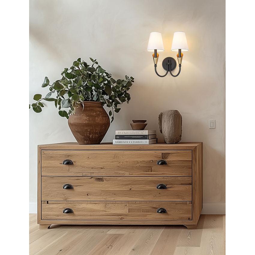 Z-Lite Claudelle 2-Light Candelabra Bulb Base Matte Black and Modern Gold Steel Frame White Fabric Shade Wall Sconce