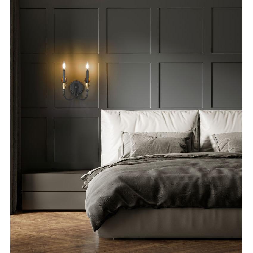 Z-Lite Claudelle 2-Light Candelabra Bulb Base Matte Black and Modern Gold Steel Frame White Fabric Shade Wall Sconce