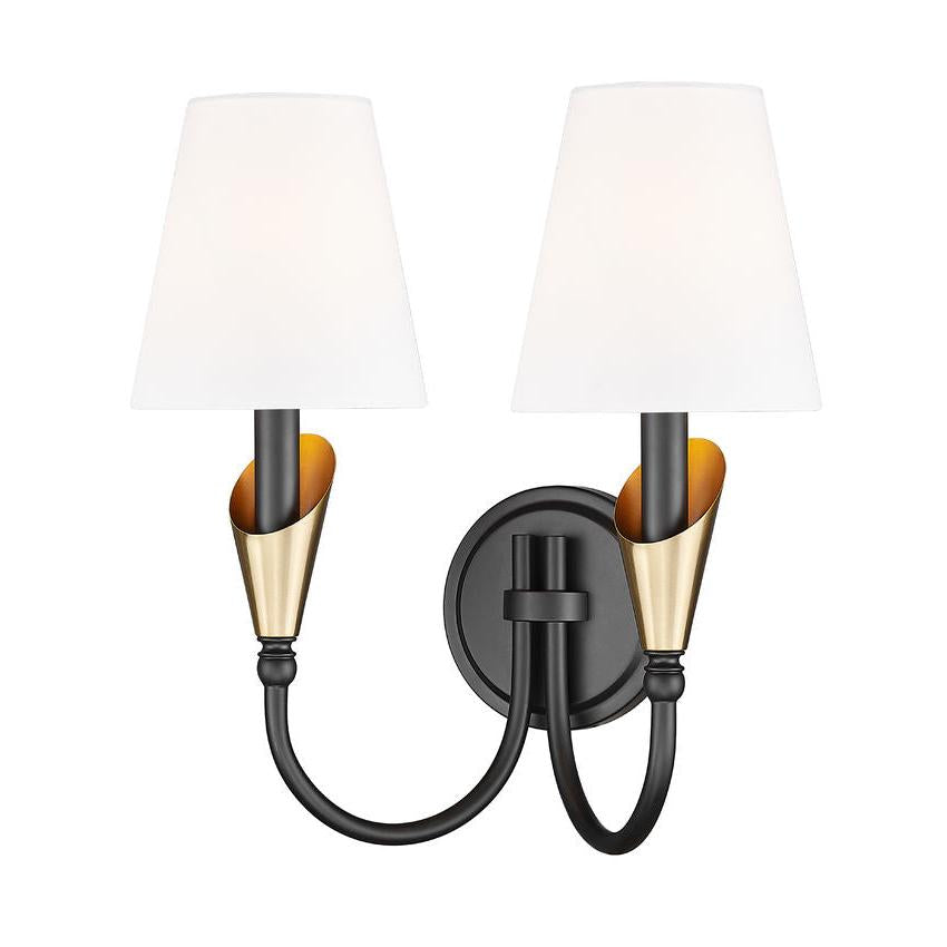Z-Lite Claudelle 2-Light Candelabra Bulb Base Matte Black and Modern Gold Steel Frame White Fabric Shade Wall Sconce