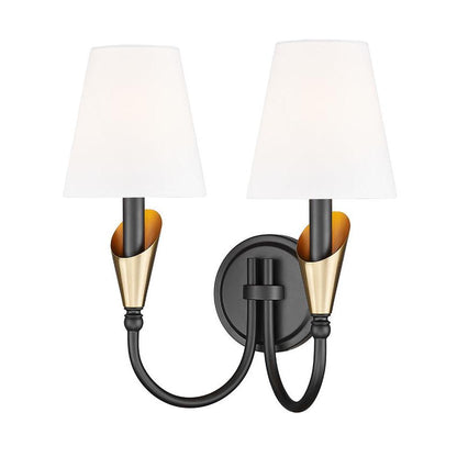 Z-Lite Claudelle 2-Light Candelabra Bulb Base Matte Black and Modern Gold Steel Frame White Fabric Shade Wall Sconce