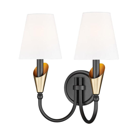 Z-Lite Claudelle 2-Light Candelabra Bulb Base Matte Black and Modern Gold Steel Frame White Fabric Shade Wall Sconce